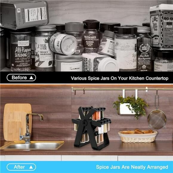Rotating spice rack with 18 glass jars ferris wheel countertop kitchen organizer - Picture 4 of 8
